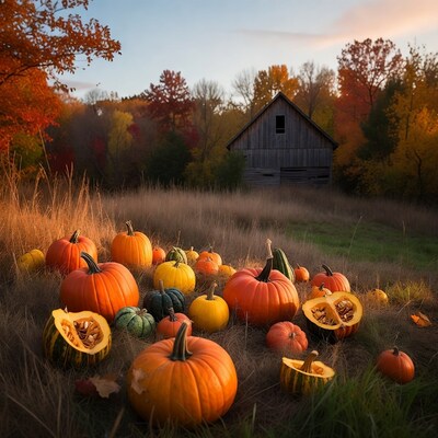 Pumpkins in autumn field by barn