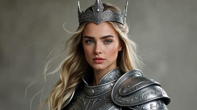 Blonde woman in silver crown and armor