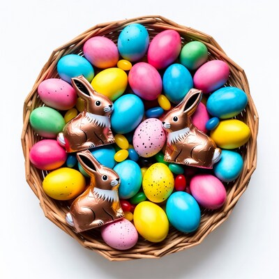 Easter basket with chocolate bunnies and eggs