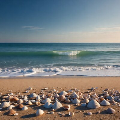 Seashells on beach with ocean waves