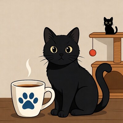 Black cat drinking coffee with kitten