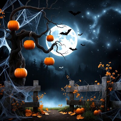 Halloween tree with pumpkins and bats
