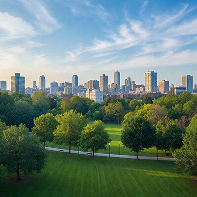 City skyline over green park