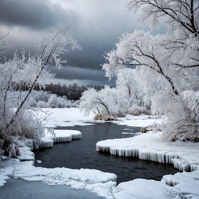 Winter River with Frosted Trees and Ice