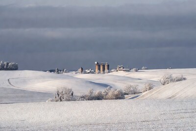 Grain Silos in Snowy Fields