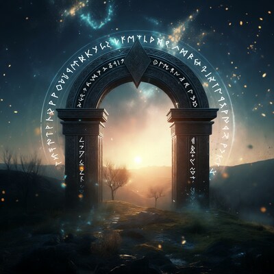 Mystical Rune Archway in Sunset Landscape