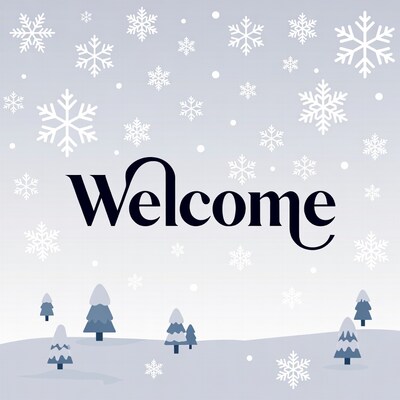Welcome text with snowy trees