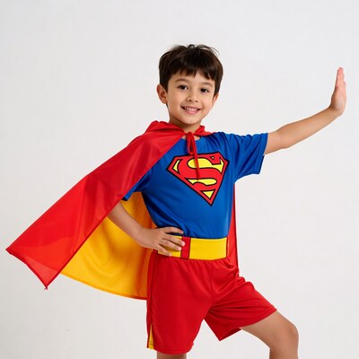 Boy in Superman costume posing