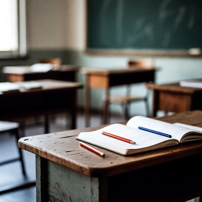 Open notebook with pencils on school desk