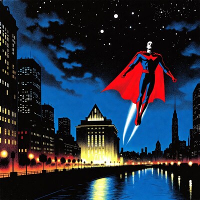 Superman Flying Over Night City Skyline