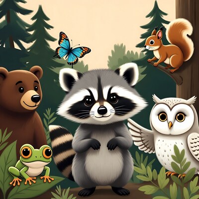Cute forest animals raccoon bear owl