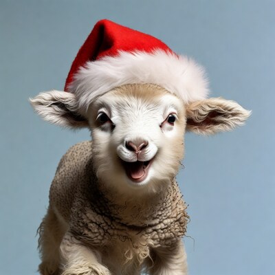 Lamb wearing Santa hat