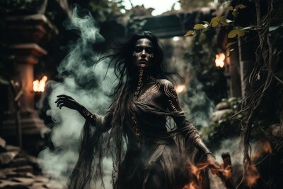 Mystical woman with tribal tattoos in ruins
