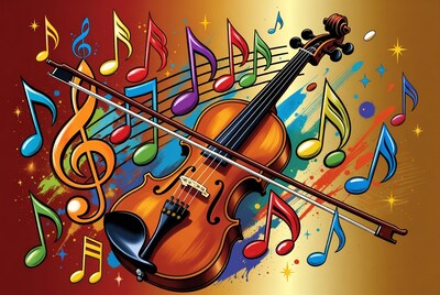 Colorful Violin with Musical Notes Illustration