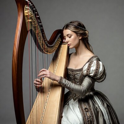 Woman playing harp in Renaissance gown