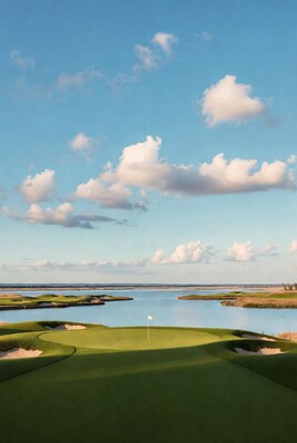 Golf hole with flag over lake