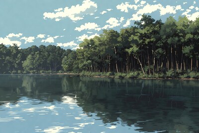 Forest Lined Lake with Reflections