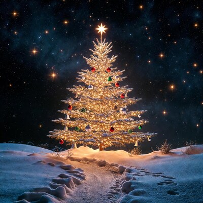 Christmas Tree in Snowy Night Sky