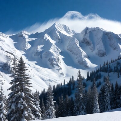 Snowy Peaks with Pine Trees