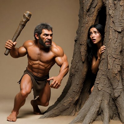 Caveman lunging at woman hiding in tree