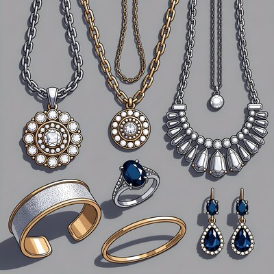 Assortment of Gold Silver Jewelry Illustration