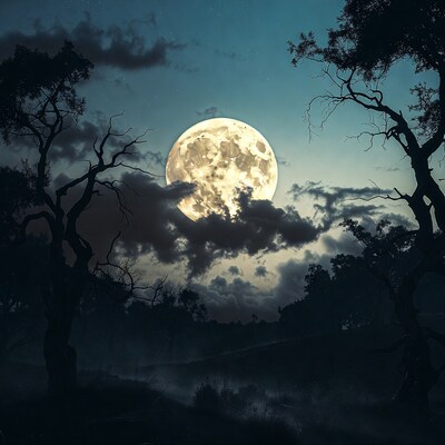 Full Moon Over Misty Forest