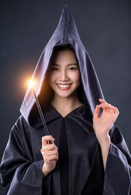 Asian woman casting spell with wand