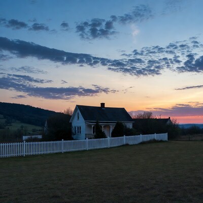 White house at sunset with fence