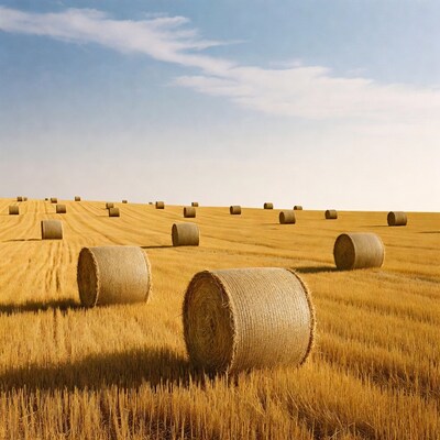 Hay bales in golden wheat field