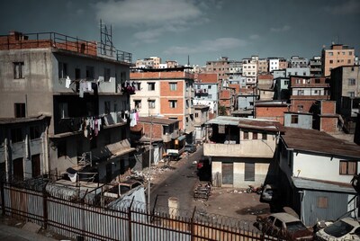 Aerial view of dense urban slum neighborhood
