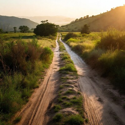 Dirt road through grassy valley at sunset