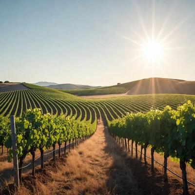 Vineyard Rows at Sunset with Sunburst