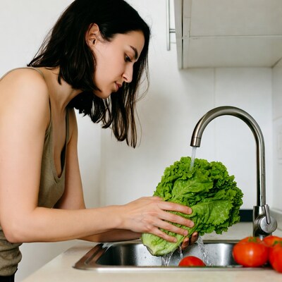 Woman washing lettuce in kitchen sink