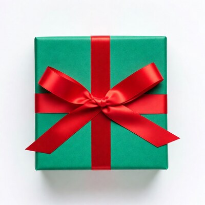 Green gift box with red ribbon