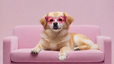 Golden retriever dog in pink sunglasses on couch