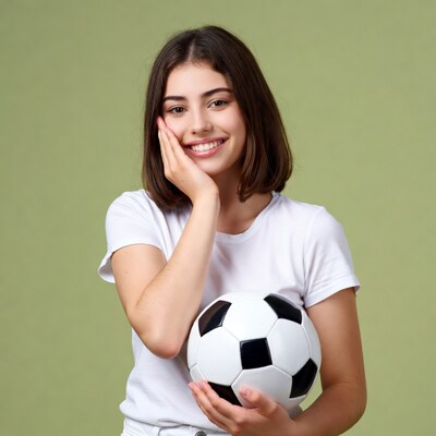 Smiling girl holding soccer ball