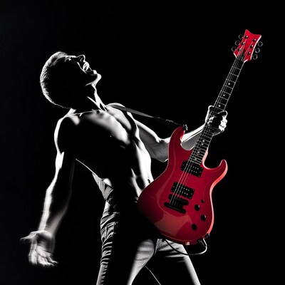 Shirtless man rocking red electric guitar