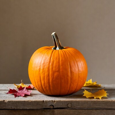 Orange Pumpkin with Autumn Leaves