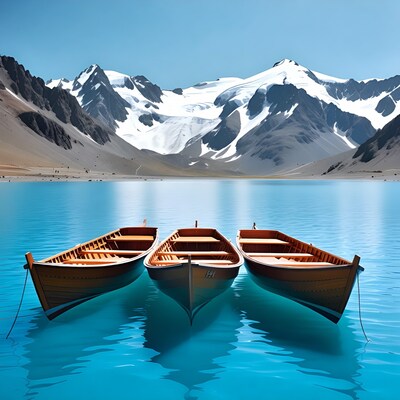 Three Wooden Boats on Turquoise Lake