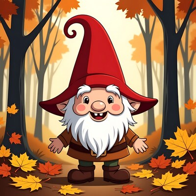 Smiling garden gnome in autumn forest