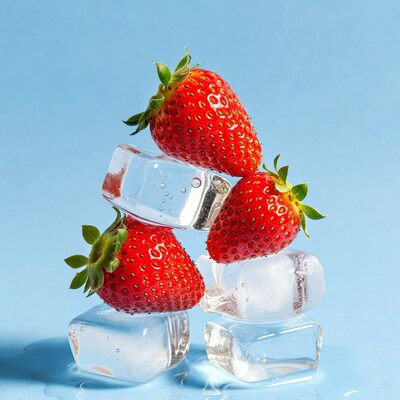 Strawberries stacked on ice cubes