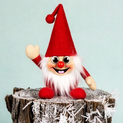 Smiling red gnome waving on snowy stump