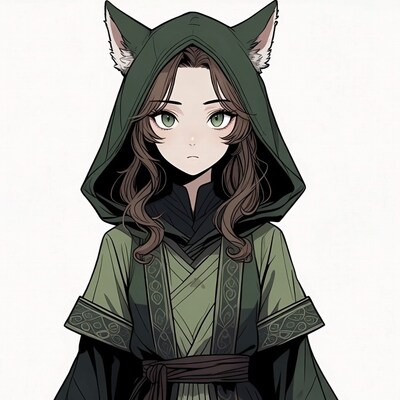 Anime girl in green fox hood