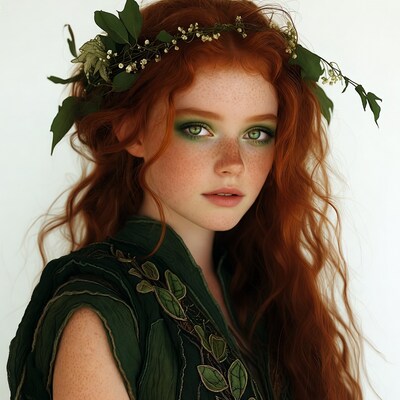 Redhead girl with floral leaf crown