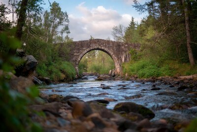 Stone arch bridge over forest river