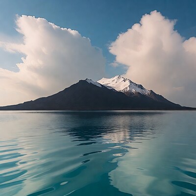 Snowy volcano reflected in turquoise lake