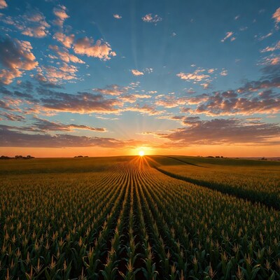 Sunset over cornfield rows
