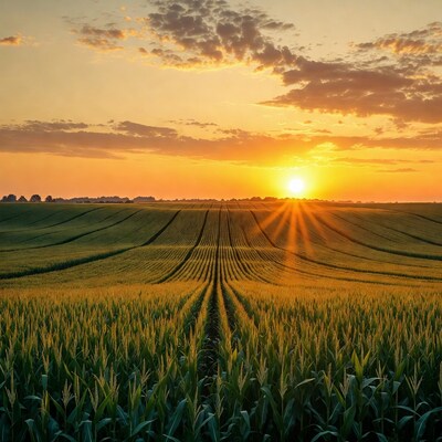 Sunset over corn fields with rows