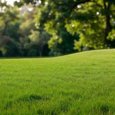 Lush green grass field with blurred trees