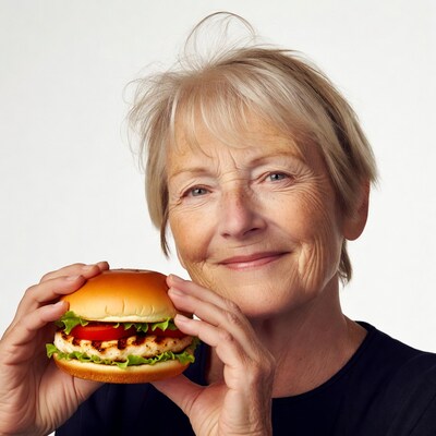 Elderly woman holding chicken burger